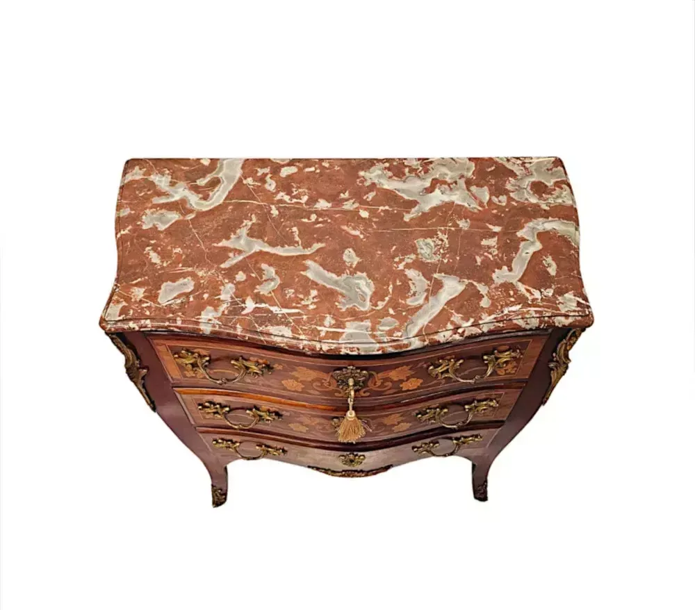 A Stunning Late 19th Century Marquetry Inlaid Marble Top Chest Of Drawers photo Furniture