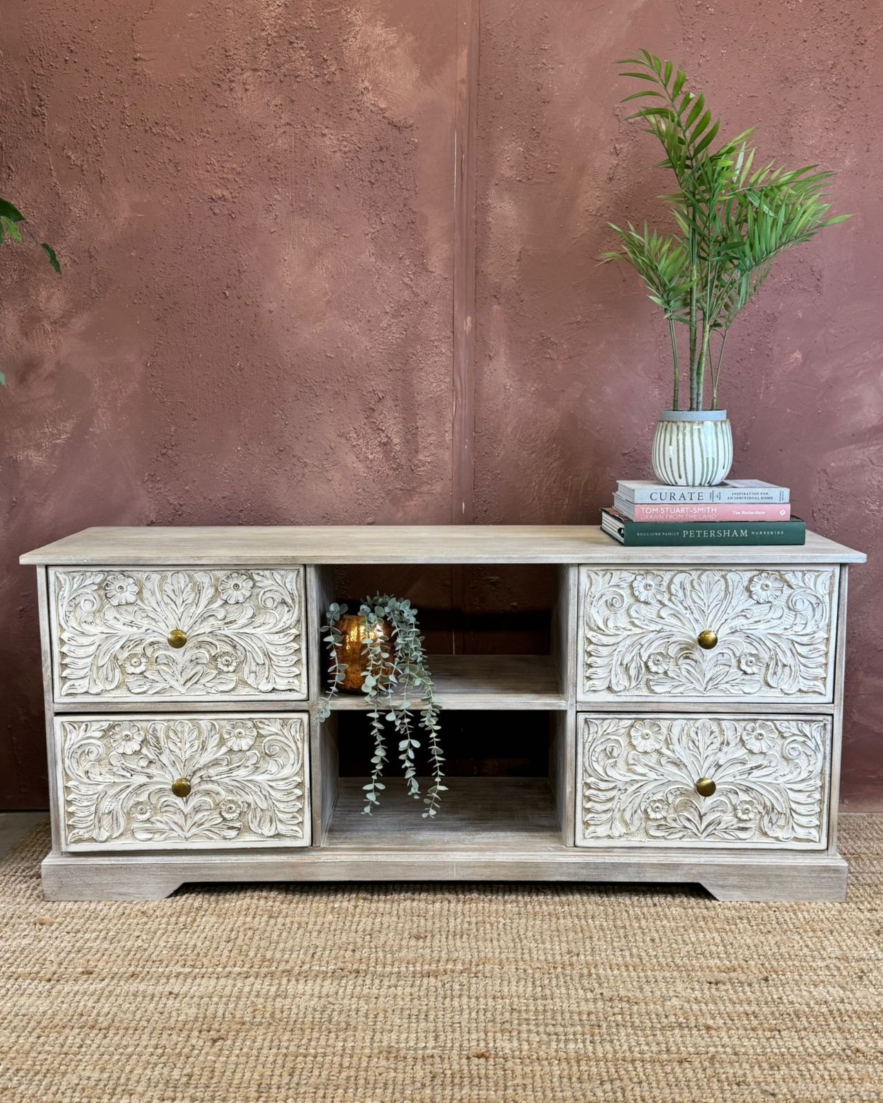Hand Carved Mango Wood 4 Drawer Tv/Media Sideboard With Floral Design photo furniture