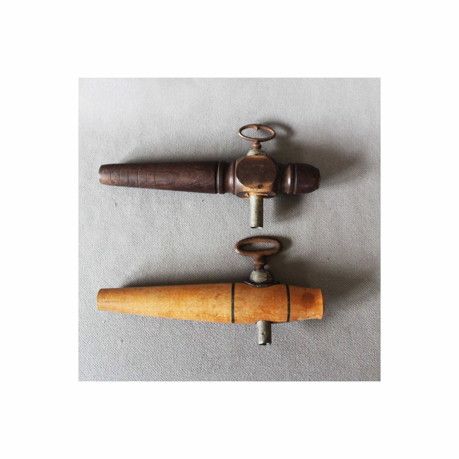 2 Vintage Wood Spigot, Wine Barrel, Beer Barrel, Keg, Key Lock Metal Mechanism, Le National Deposee, French, Country Farmhouse, Cider, Jug