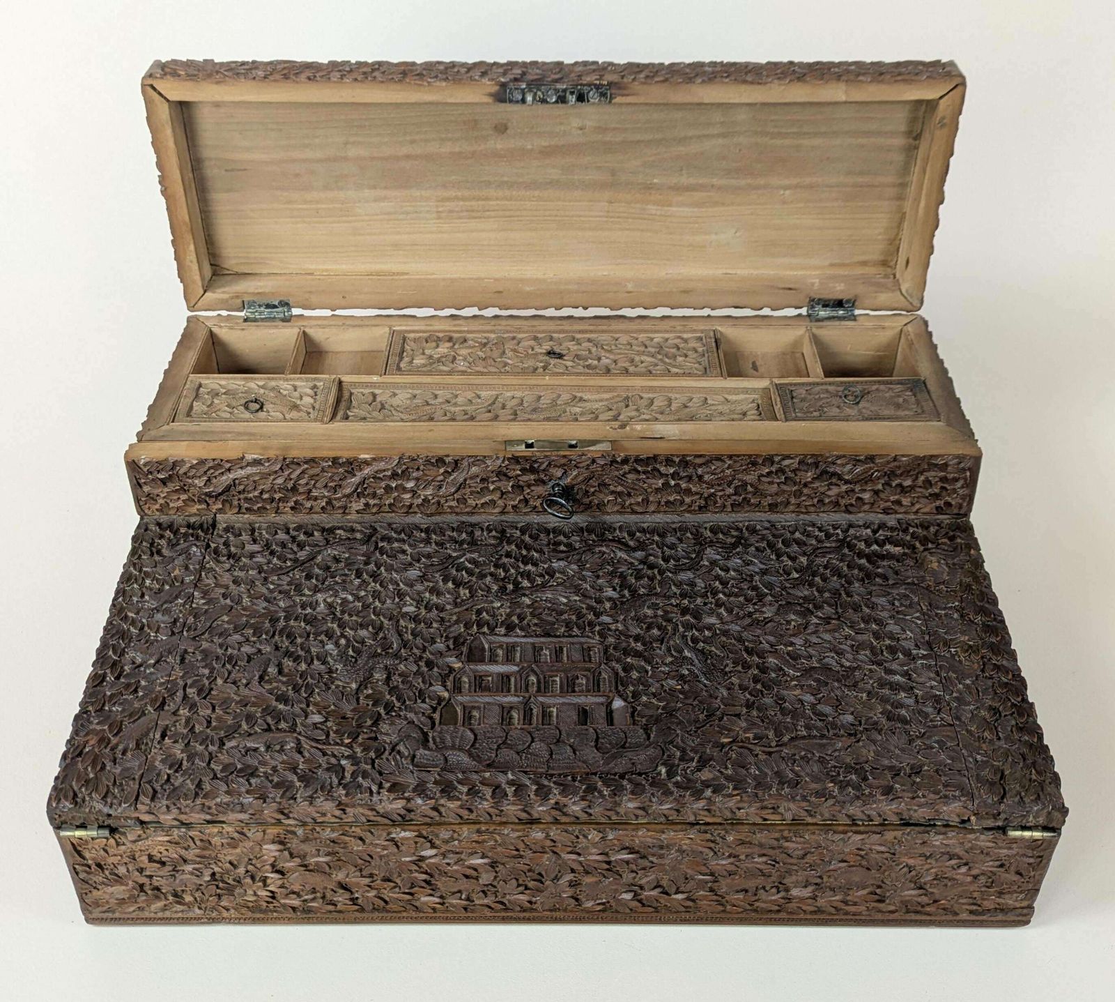 photo for sale Antique Anglo Indian Bombay Intricately Carved Sandalwood Writing Slope Box 19th Century India