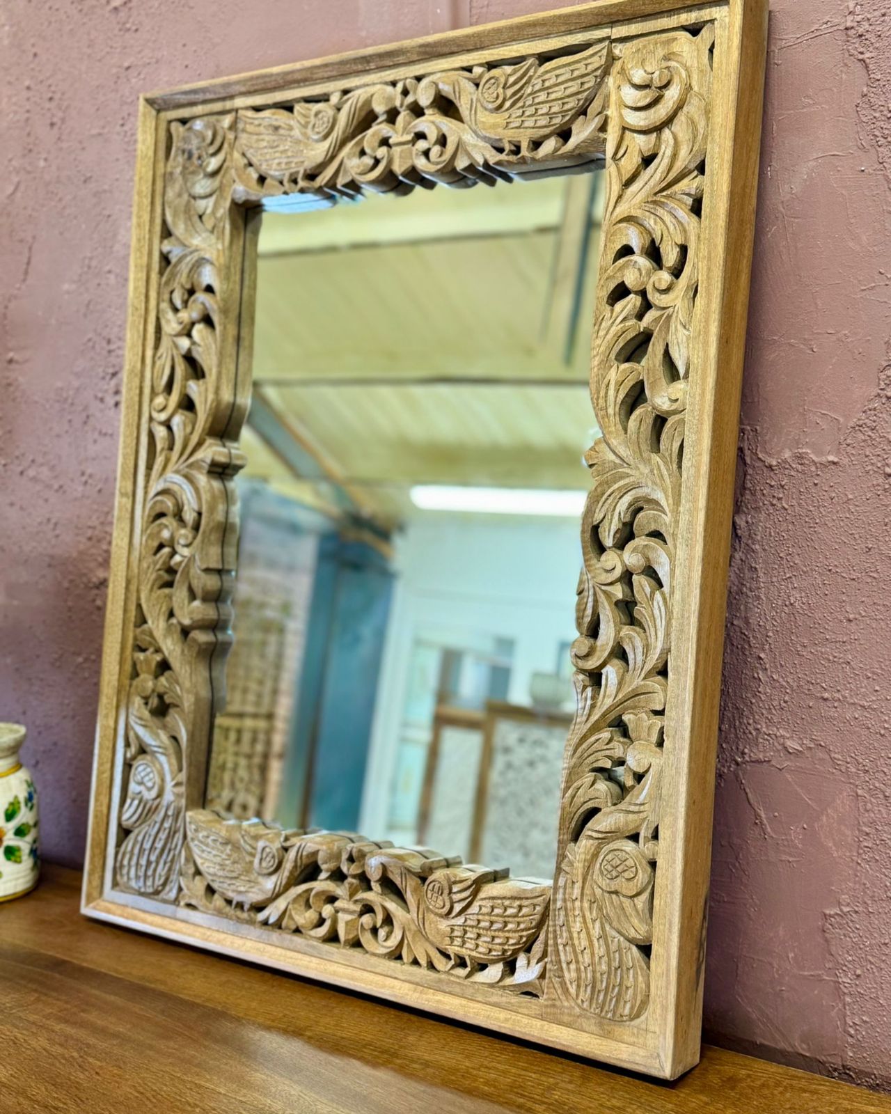 Hand Carved Mango Wood Mirror With Peacock And Floral Motifs