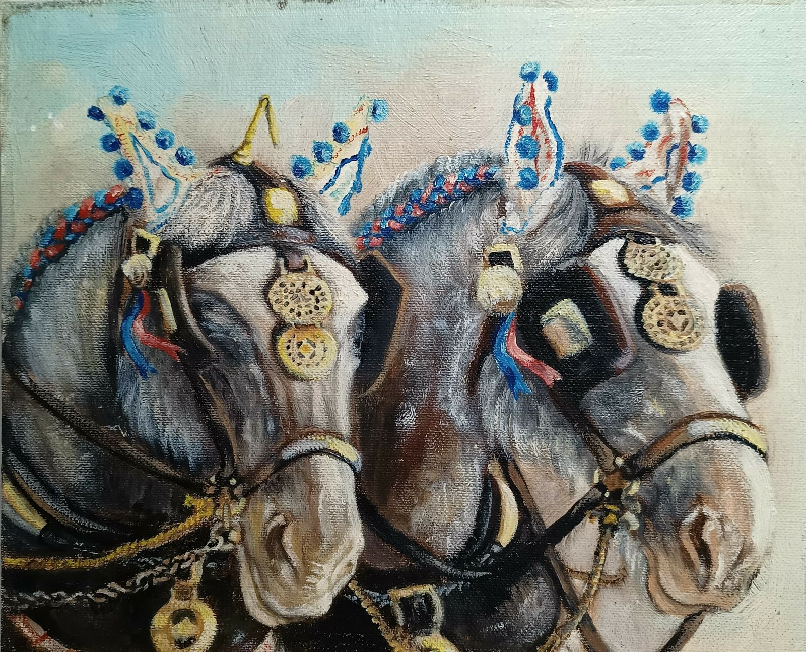 Unframed Oil Painting Pair Of Greys ,Shire Horses Artist Signed On Back. photo buy
