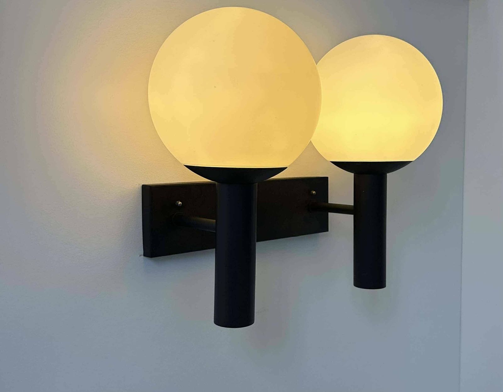Double Wall Lamp In Opaline And Black Lacquered Metal, Raak Netherlands 1960 photo for sale