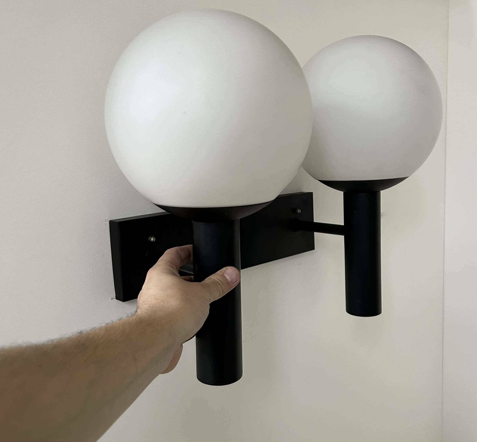 Lighting Double Wall Lamp In Opaline And Black Lacquered Metal, Raak Netherlands 1960 photo