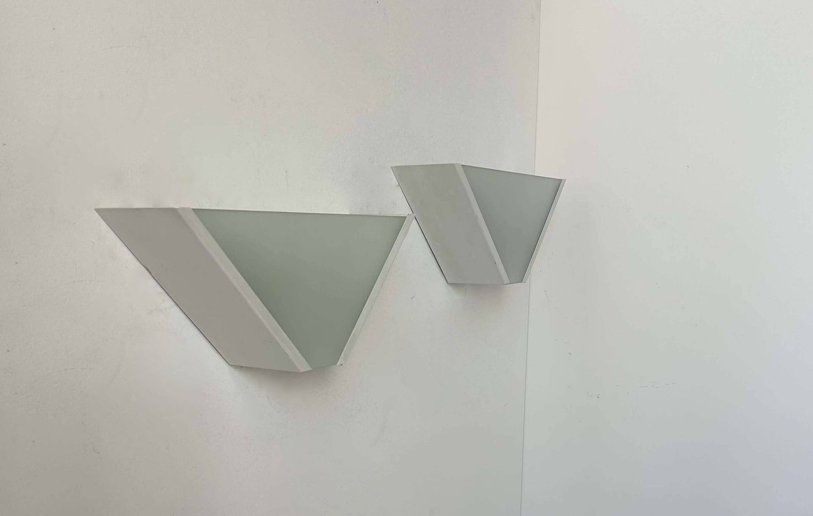 Pair Of Vintage Geometric Wall Lights, Sandblasted Glass And White Metal, Italy 1970 photo 349.0