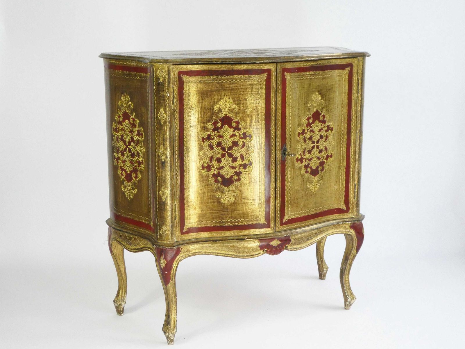 Large Florentine Wooden Chest Of Drawers, Italian Gold Gilt Hollywood Regency Red Dresser, Cabinet Hallway Furniture, Entryway Table