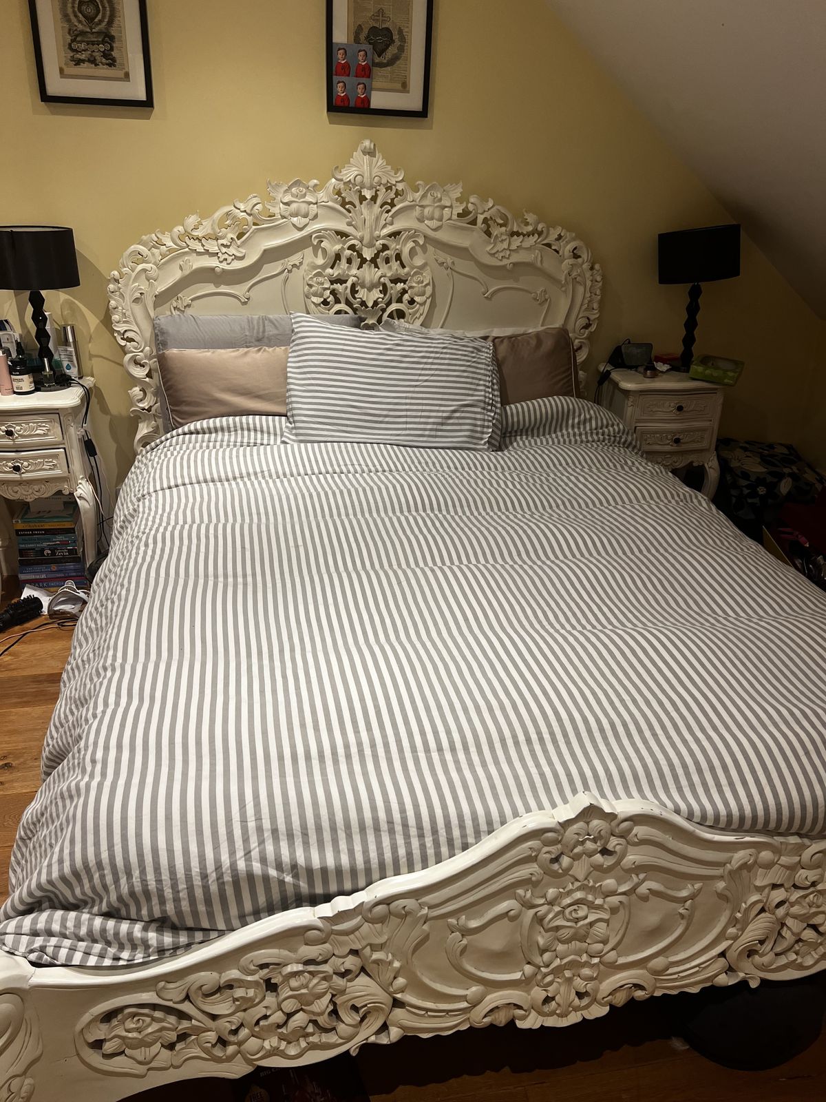 Ornate French Style Rococo Off White Painted King Wooden Mahogany Carved Bed And Side Tables X 2