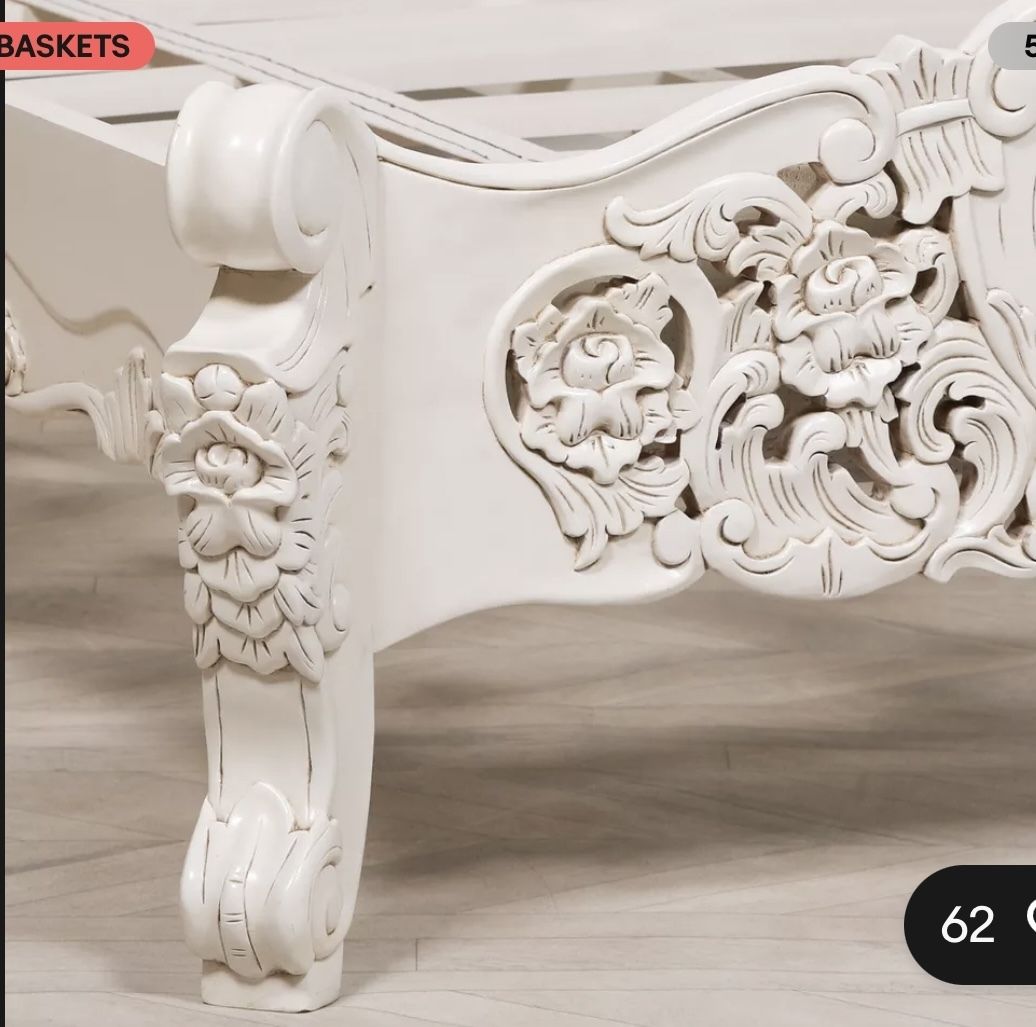 Ornate French Style Rococo Off White Painted King Wooden Mahogany Carved Bed And Side Tables X 2 photo Furniture