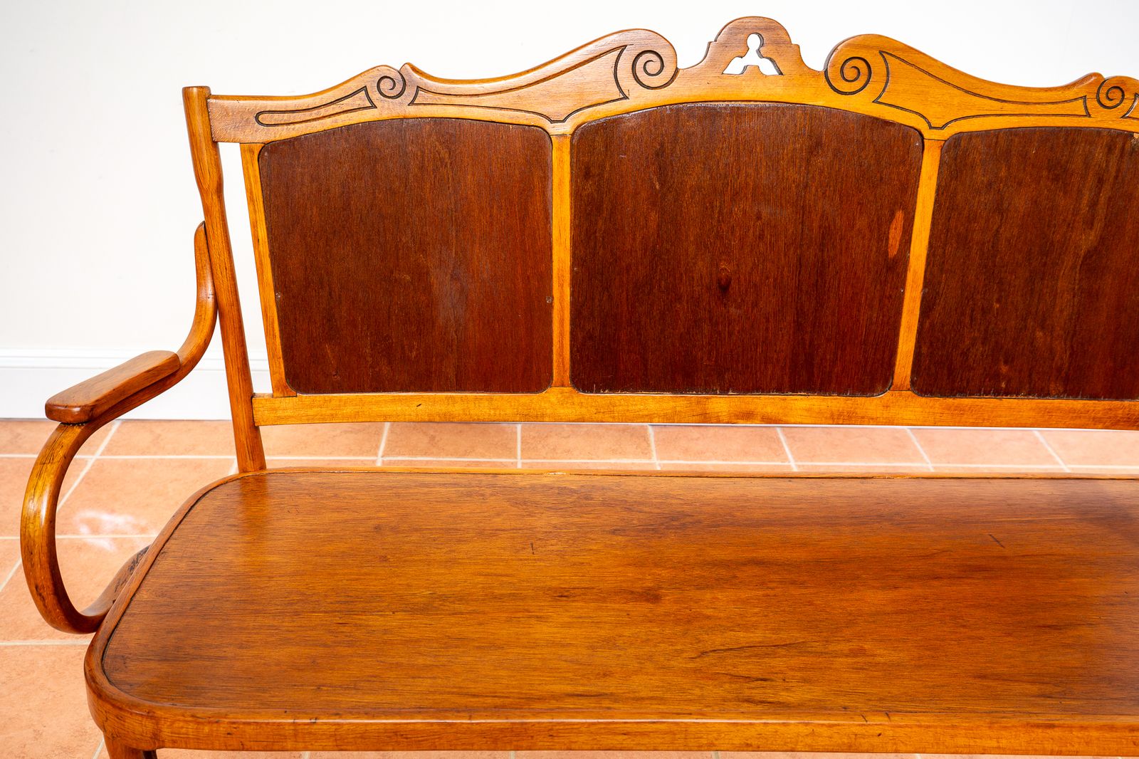 photo buy J&J Kohn Art Nouveau Bench Bentwood 3 Seater Vienna Secession J J Kohn Austrian Two Tone Beech Wooden Bistro Thonet Style 1890s 1900s