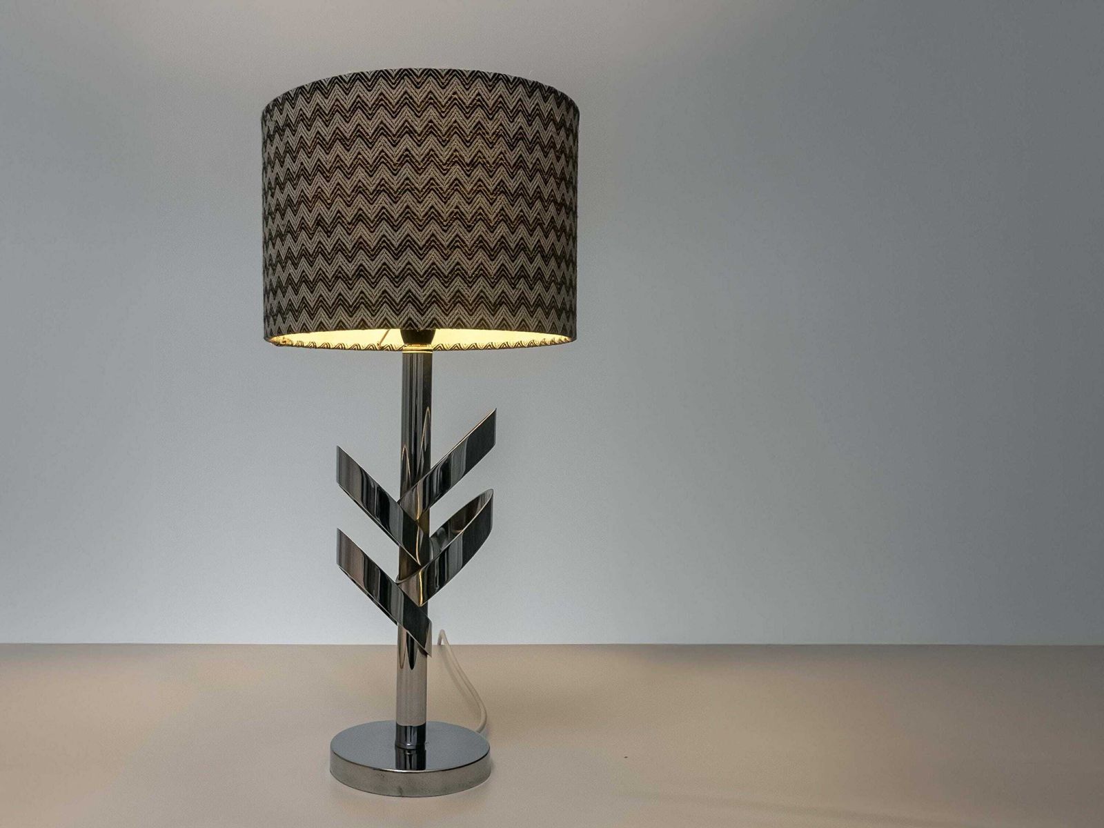 French Chrome Vintage Mid Century Lamp With Vintage Zig Zag Lampshade, 1960's: Stylish Illumination For Home Decor photo for sale