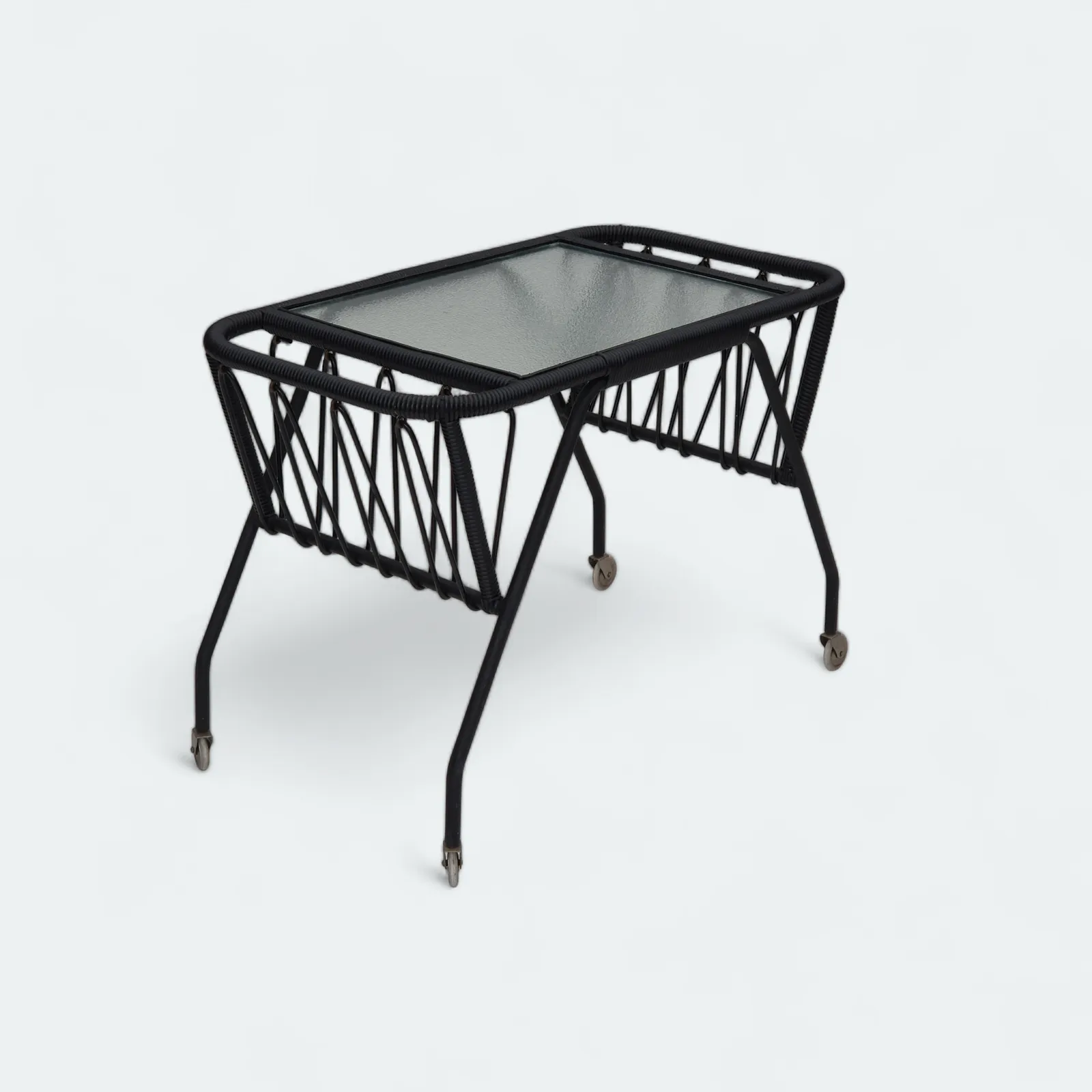 1970s, Scandinavian Side Table, Original Condition, Glass, Wood, Metal, Plastic Rope.