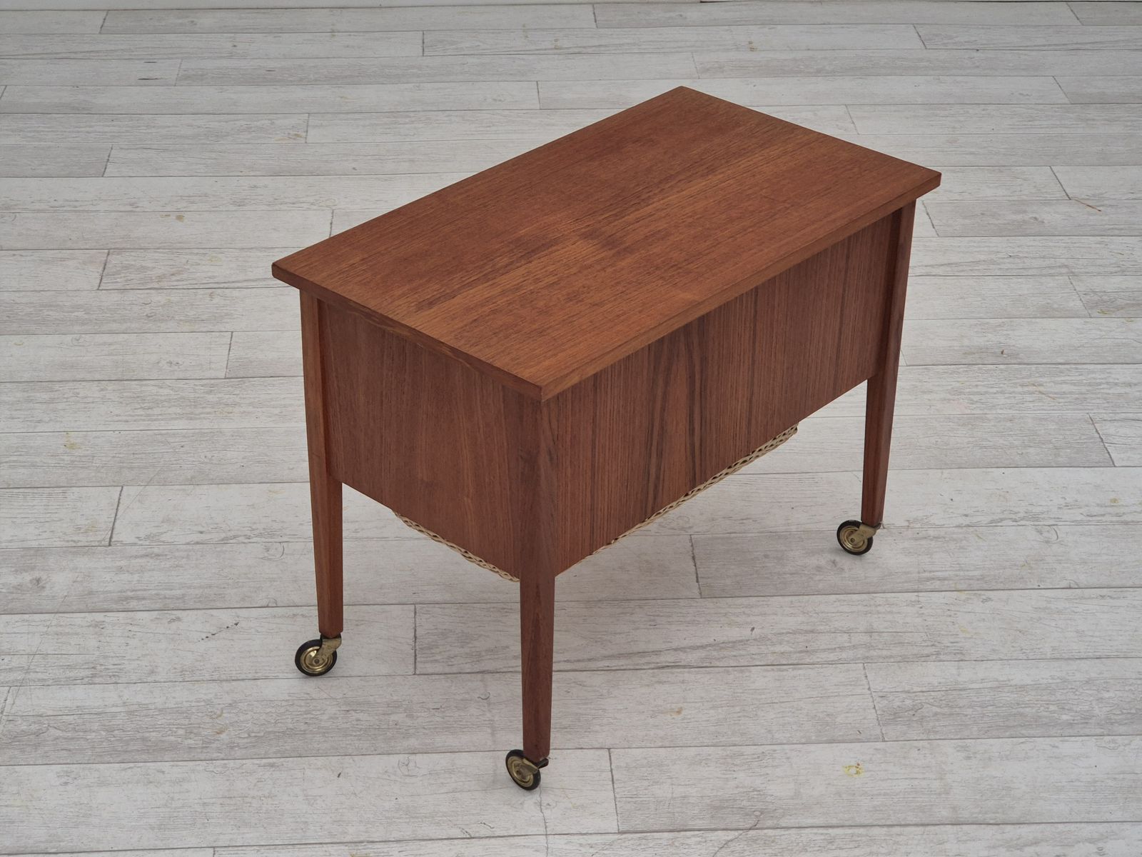 1970s, Danish Side Chest Of Drawers, Teak Wood, Rattan, Brass Wheels, Original Condition. photo for sale