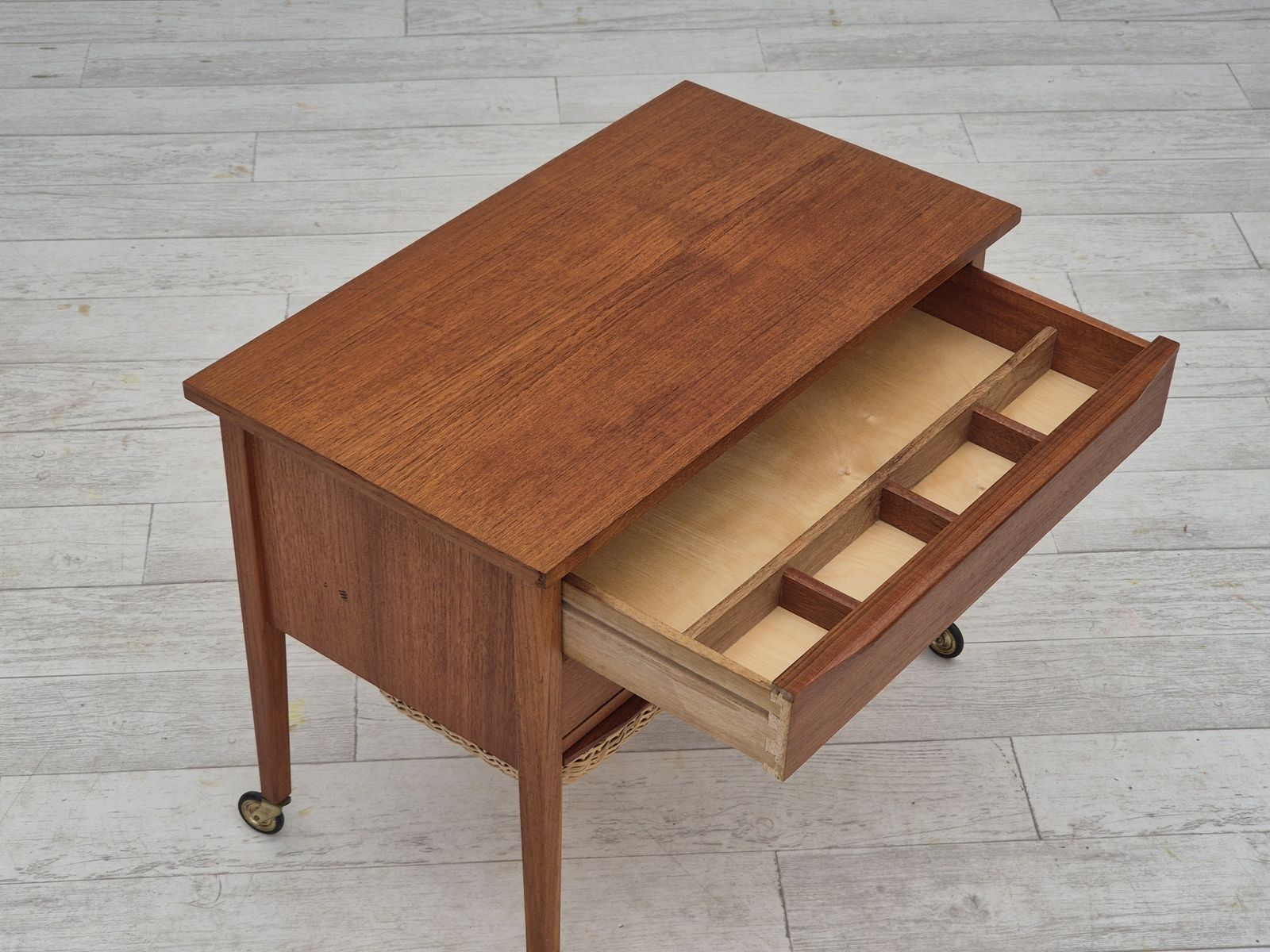 1970s, Danish Side Chest Of Drawers, Teak Wood, Rattan, Brass Wheels, Original Condition. photo buy
