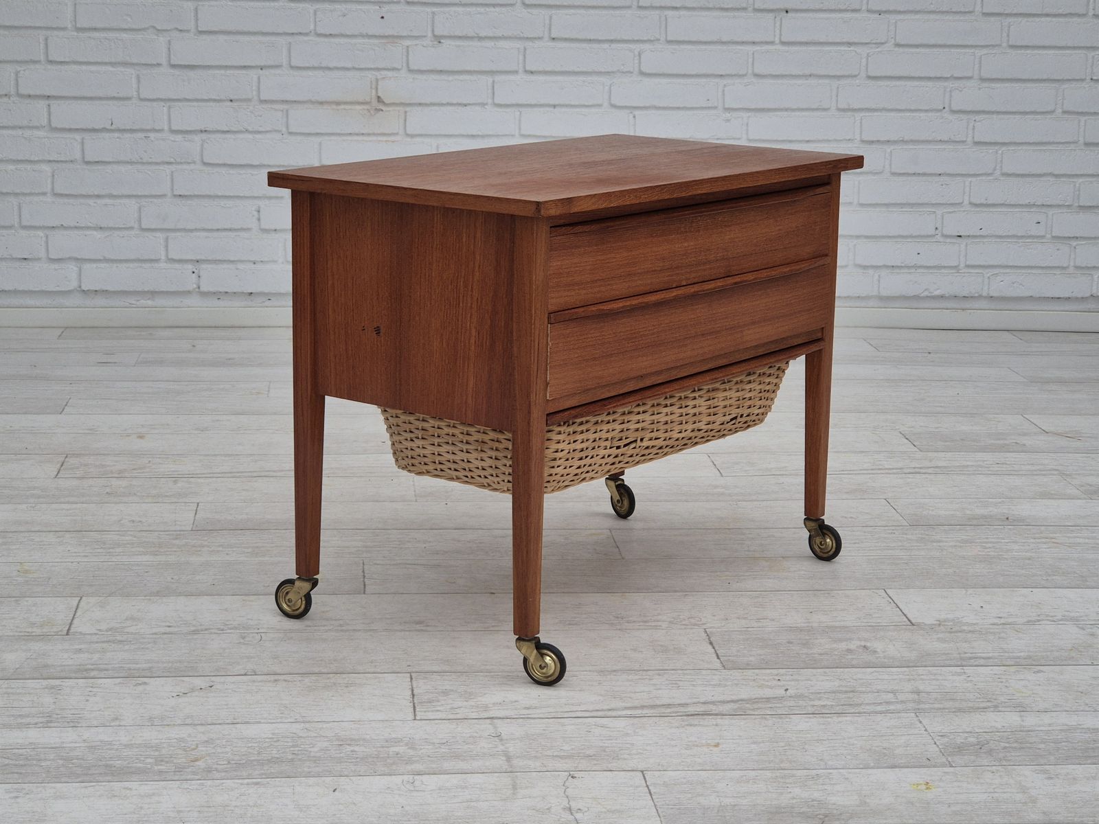 1970s, Danish Side Chest Of Drawers, Teak Wood, Rattan, Brass Wheels, Original Condition. photo vintage