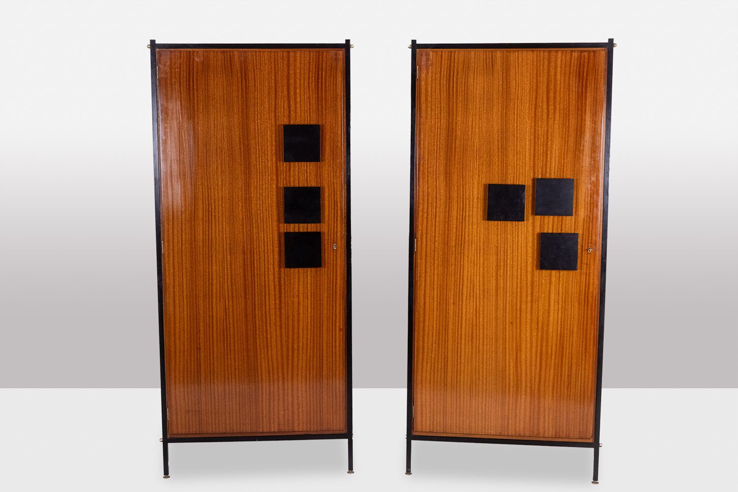 Pair Of Cabinets In Mahogany Veneer And Black Lacquered Iron. 1950s. photo for sale