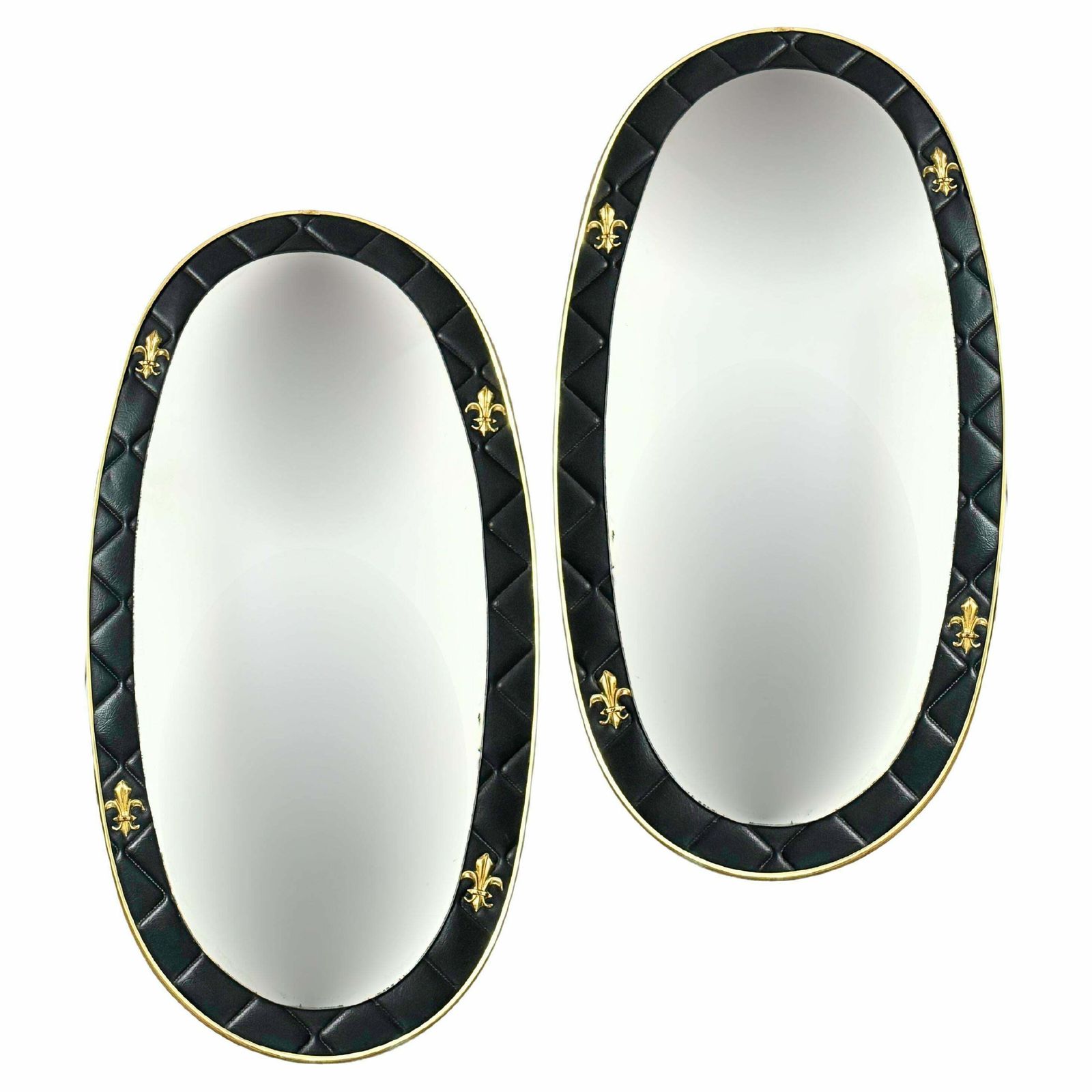 Set Of 2 French Oval Wall Mirrors In Leather Frame With Brass Fleur De Lis