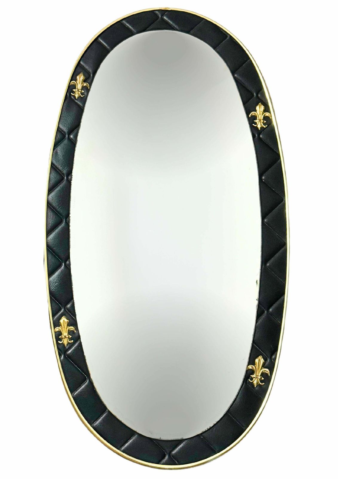 Set Of 2 French Oval Wall Mirrors In Leather Frame With Brass Fleur De Lis photo for sale