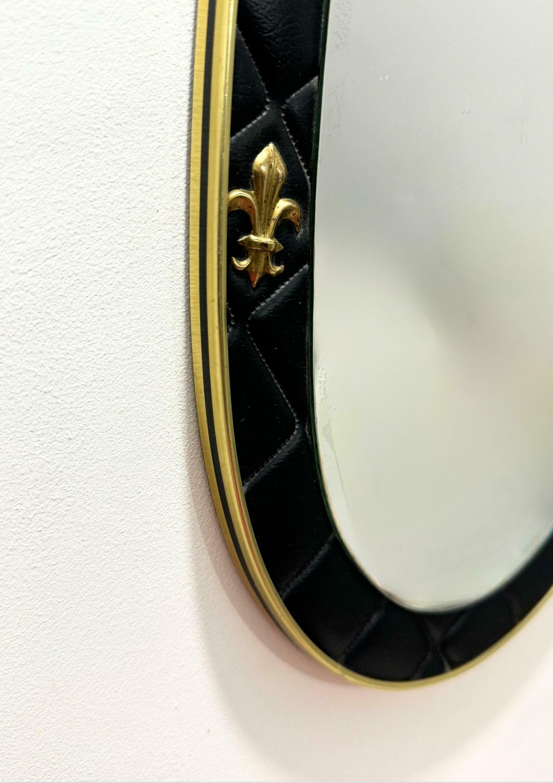 Set Of 2 French Oval Wall Mirrors In Leather Frame With Brass Fleur De Lis photo 1100.0