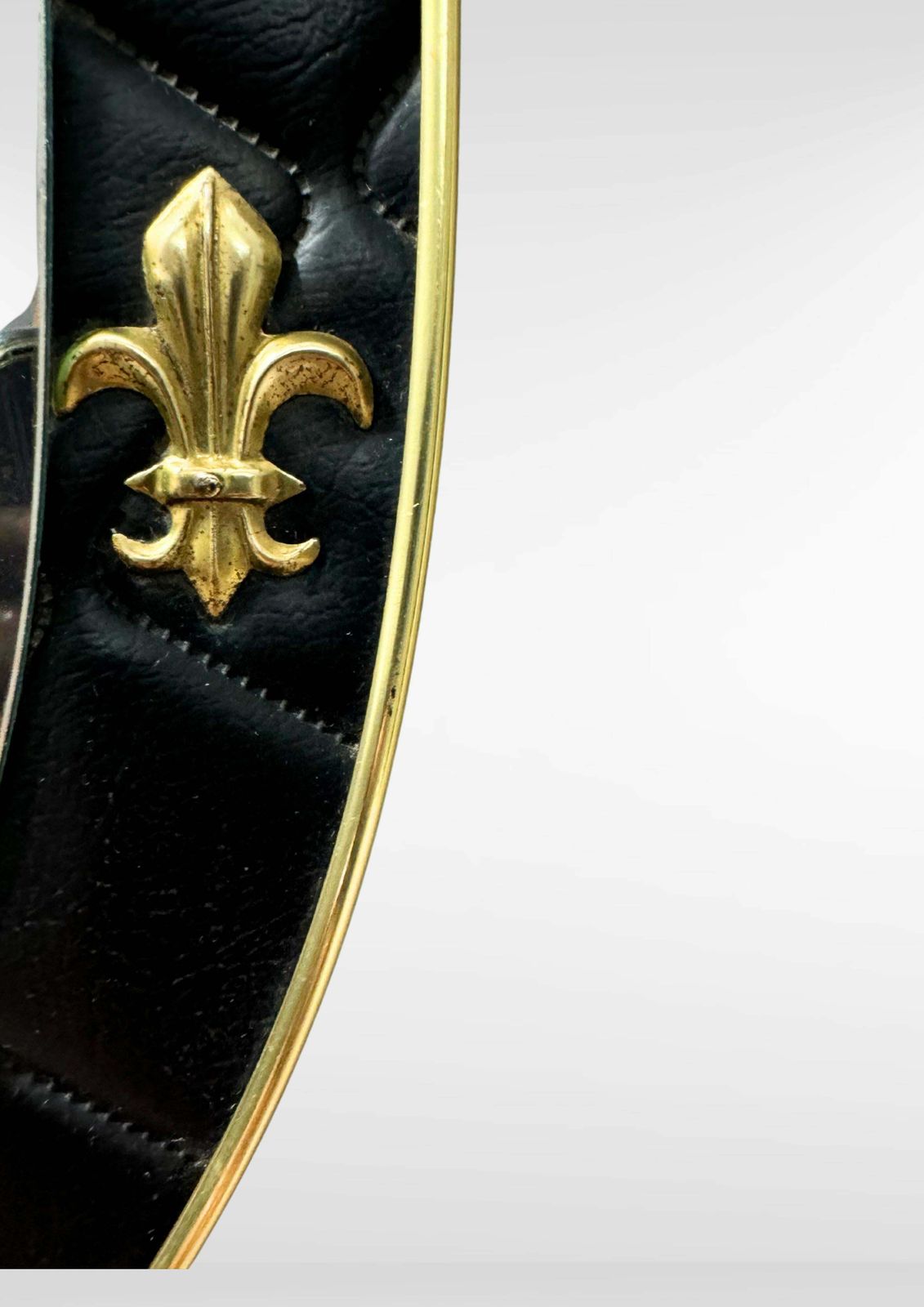 Set Of 2 French Oval Wall Mirrors In Leather Frame With Brass Fleur De Lis photo buy
