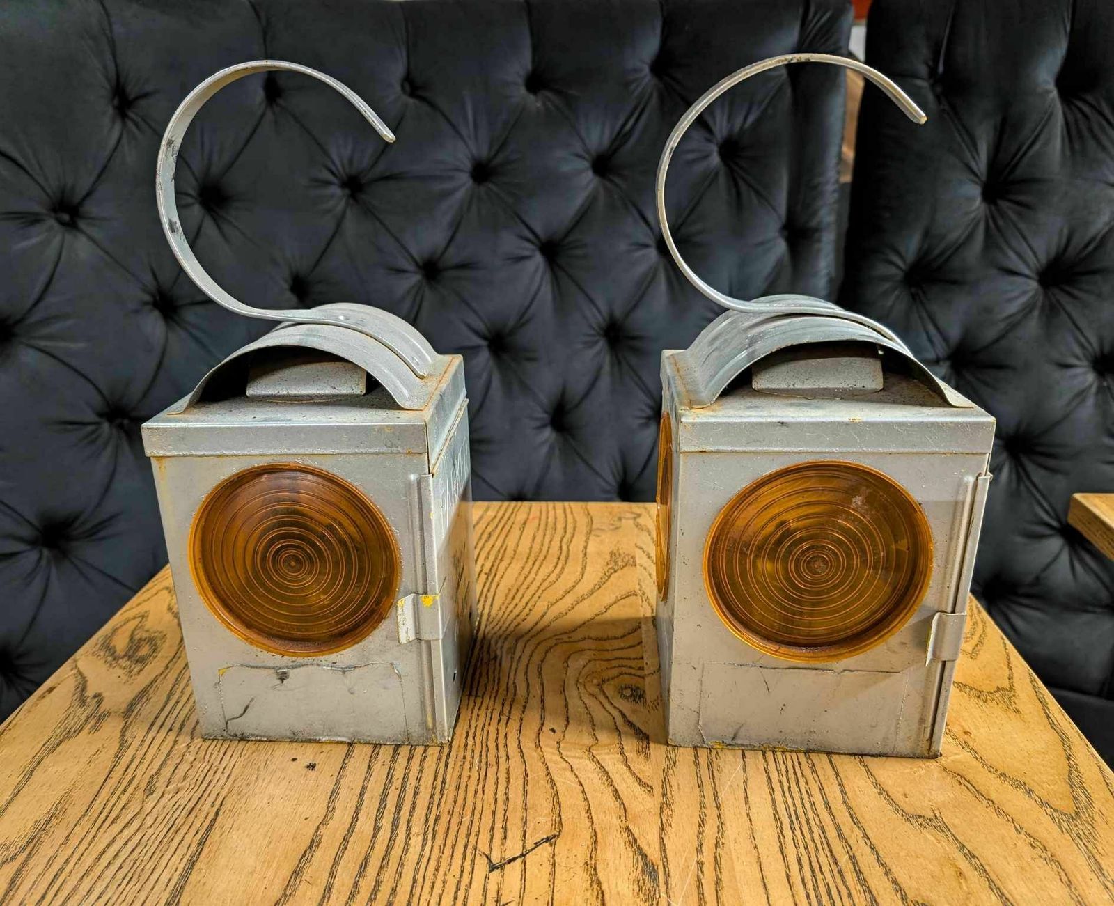 Pair Of Chalwyn Parker Steel Paraffin Road Lamps (Orange Filters)