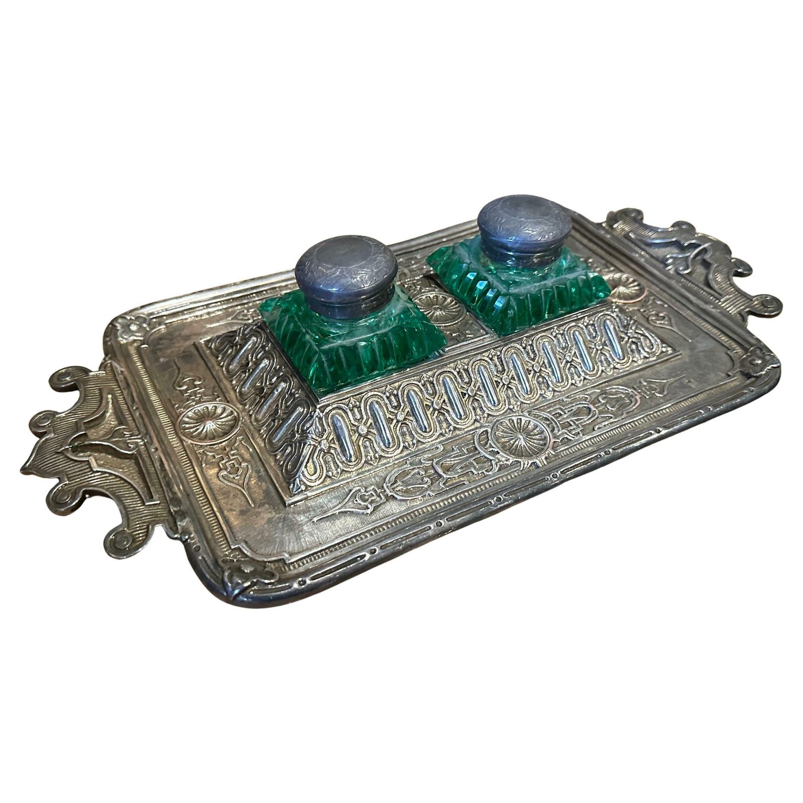 Late 19th Century Victorian Silver Plated And Green Glass Inkwell