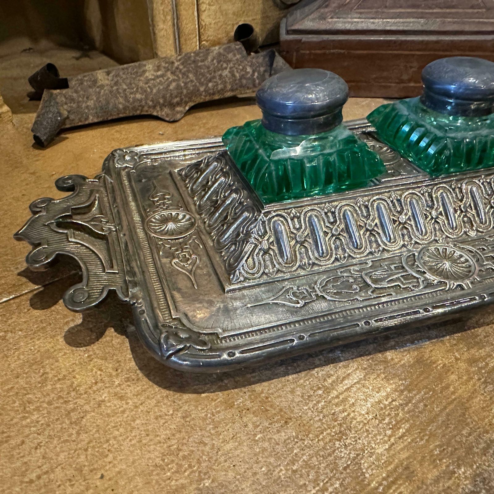 Late 19th Century Victorian Silver Plated And Green Glass Inkwell photo for sale