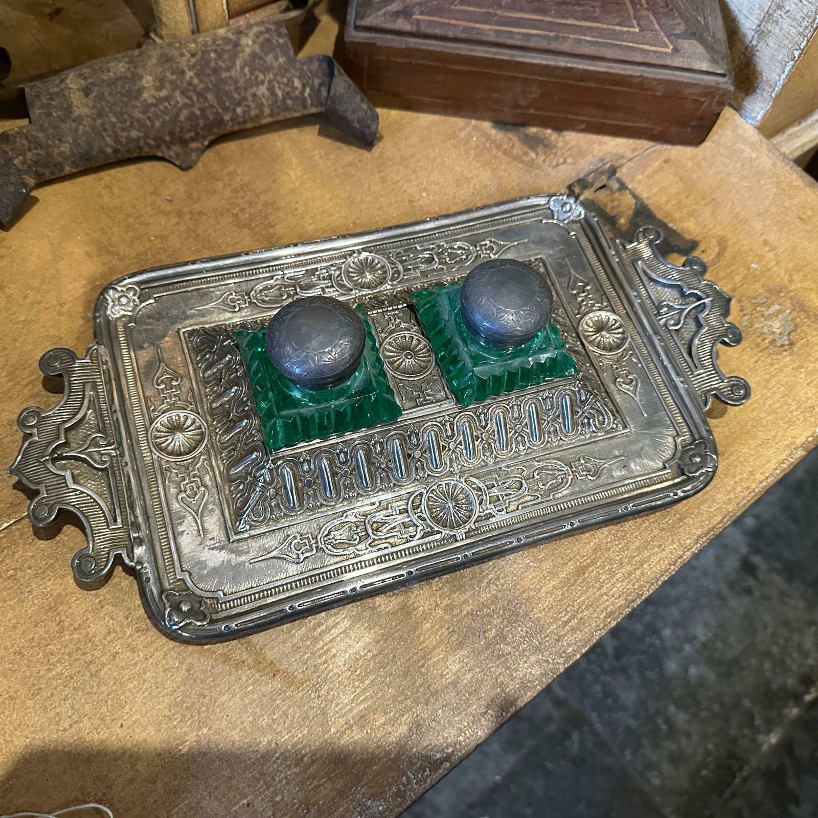 photo for sale Late 19th Century Victorian Silver Plated And Green Glass Inkwell