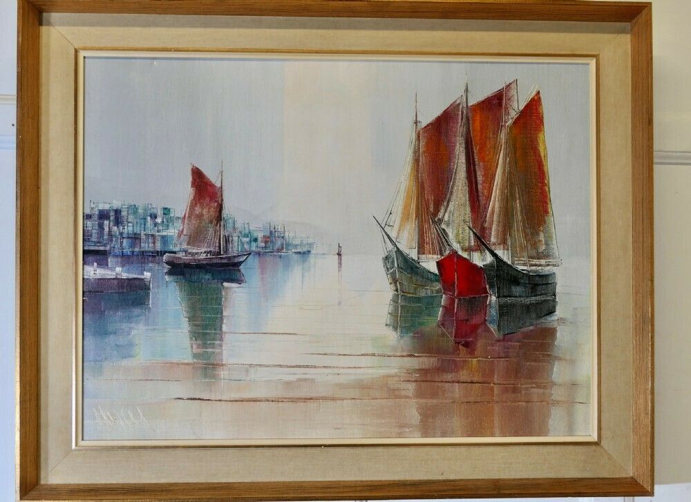 Original Signed Yachts In Harbour Oil Painting photo furniture