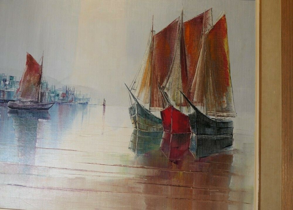 Original Signed Yachts In Harbour Oil Painting photo Art