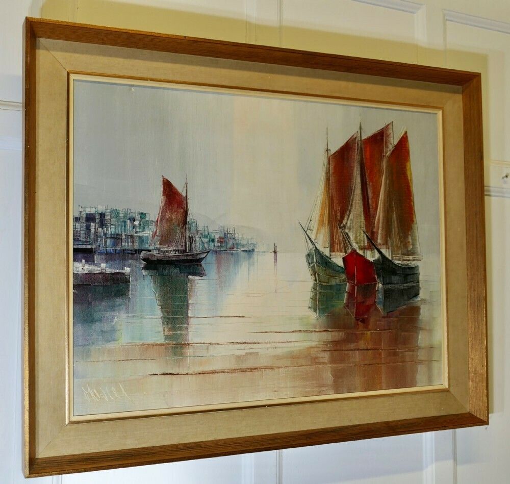 Original Signed Yachts In Harbour Oil Painting photo vinterior
