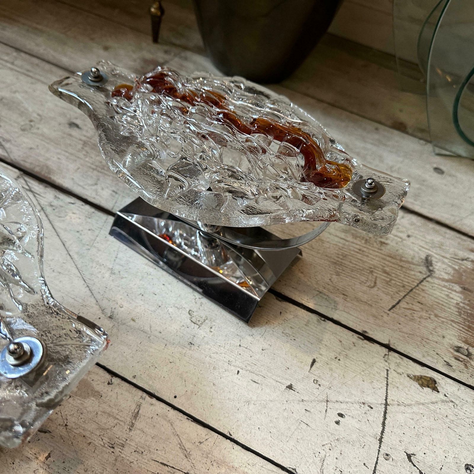 Set Of Two 1970s Space Age Clear And Brown Murano Glass Wall Sconces By Mazzega photo for sale