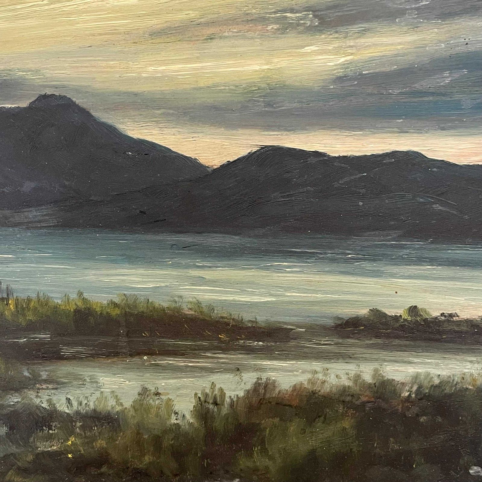 Original Danish Vintage Mid Century Landscape Painting With Motive Of Shoreline With Mountains And Gloomy Skies In Solid Wooden Frame photo 199.0