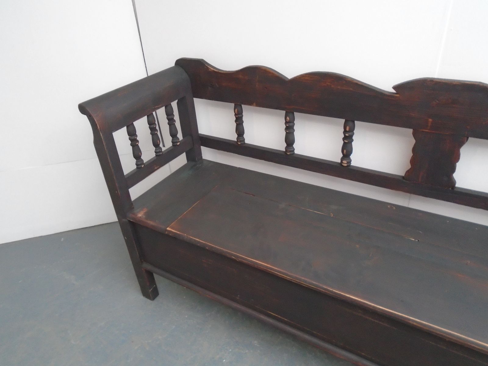 A Black & Red Columned Antique Pine 3 To 4 Seater Bench photo furniture