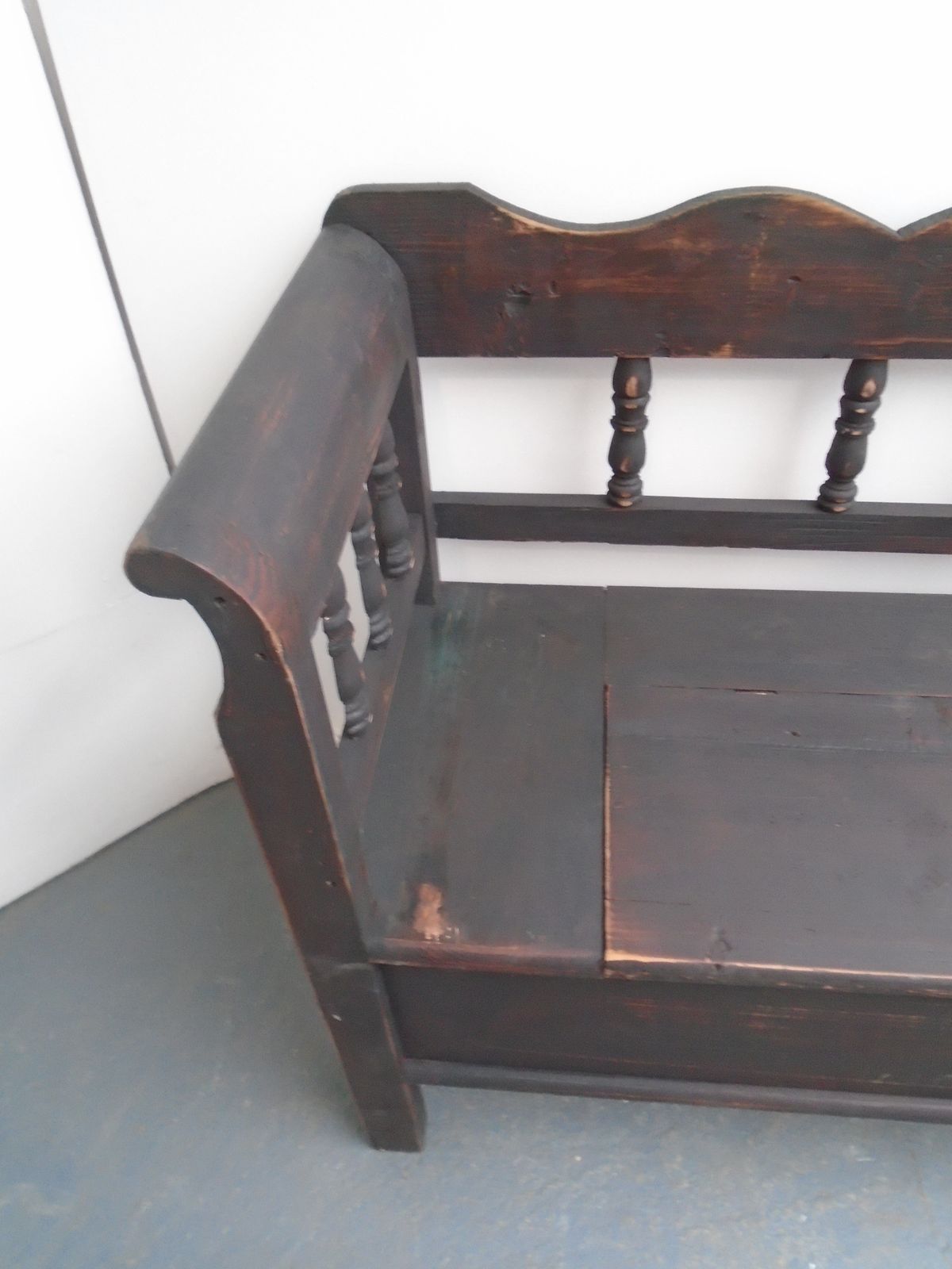 A Black & Red Columned Antique Pine 3 To 4 Seater Bench photo Furniture