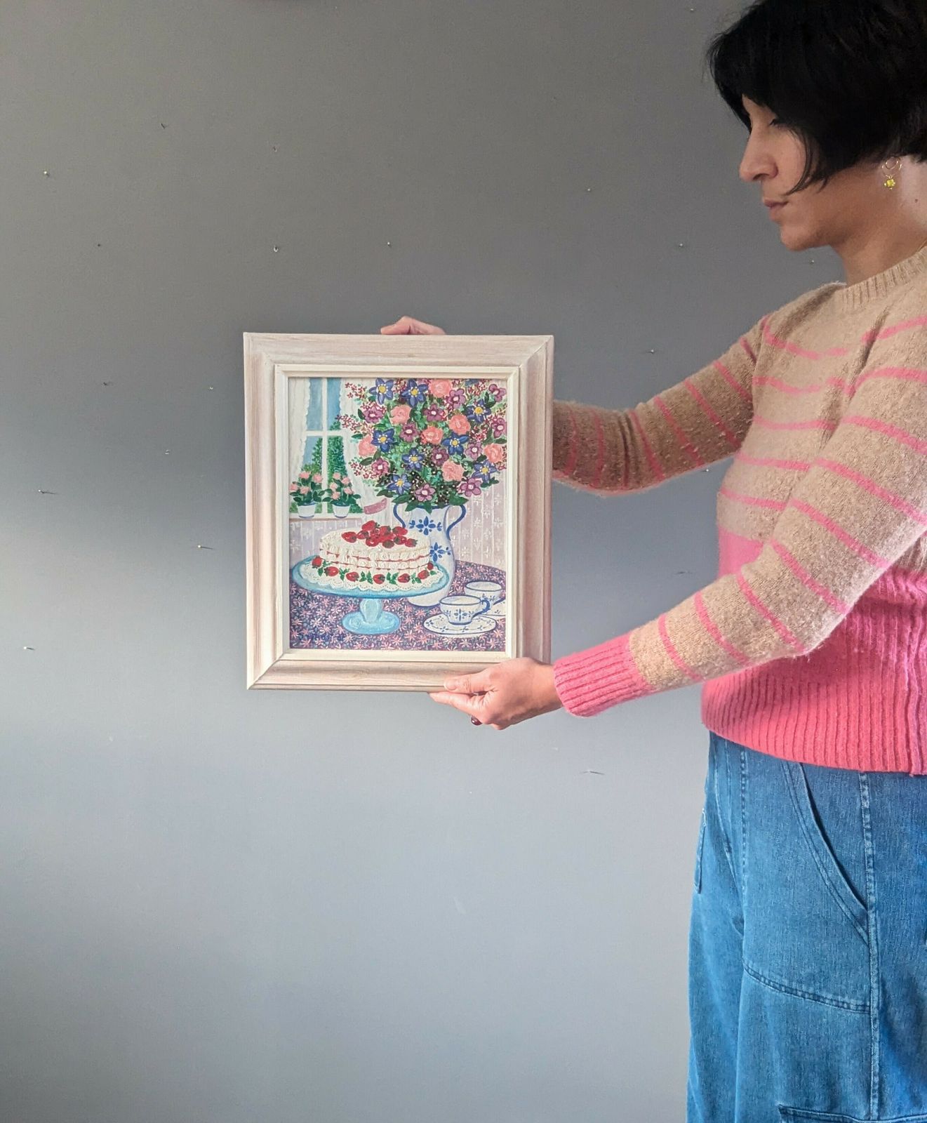 Cake & Blooms Oil Painting, 1990s photo vintage