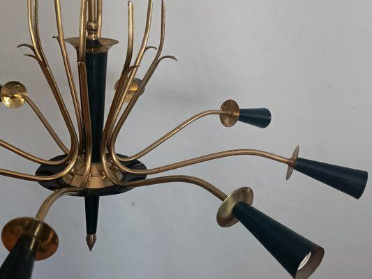 Mid Century Italian Brass Chandelier In The Style Of Oscar Torlasco, 1950s photo vinterior