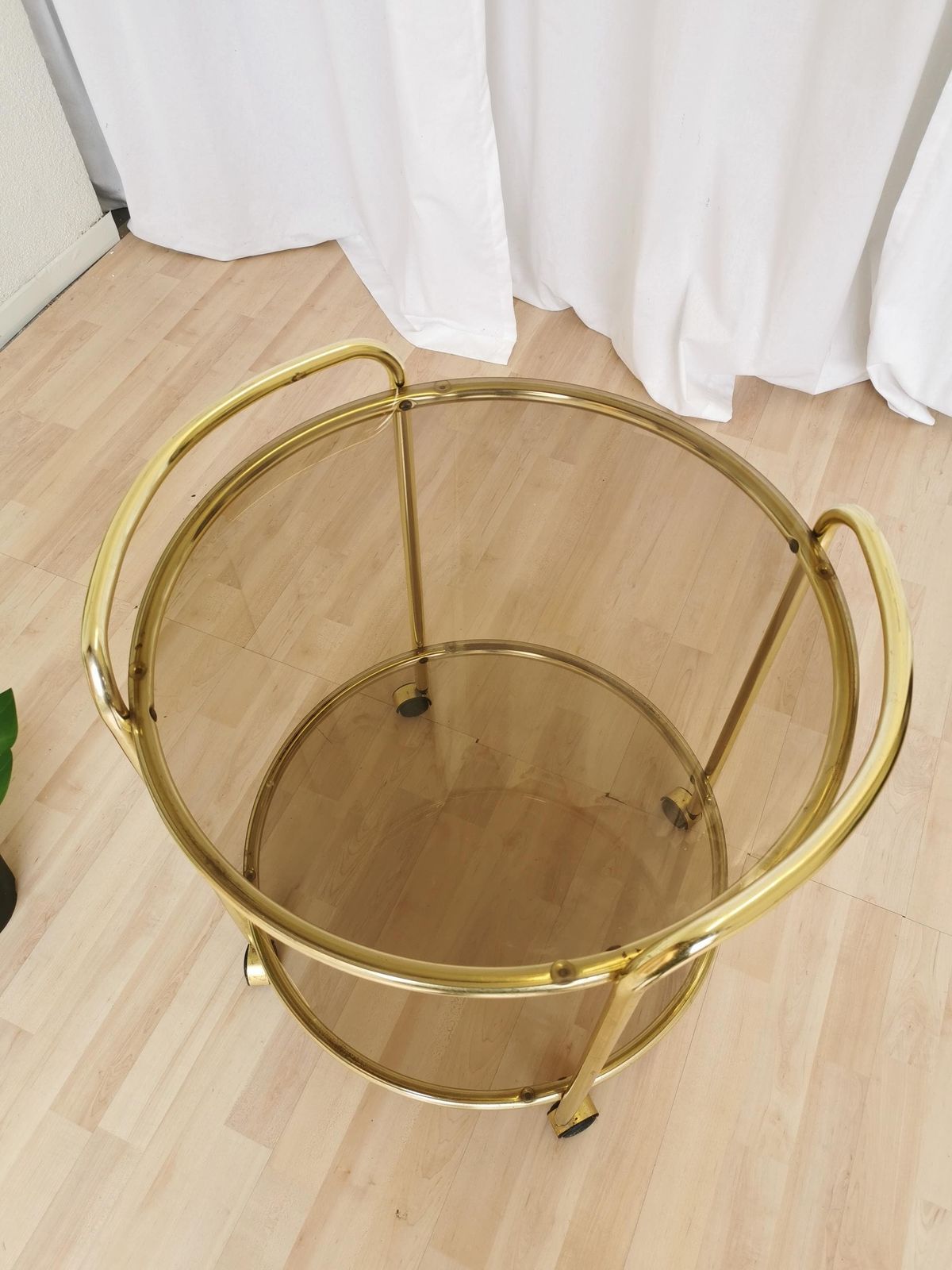 Vintage Serving Trolley With Metal And Smoked Glass / 1970s Mid Century Golden Rolling Side Table / Hollywood Regency Bar On Wheels photo furniture