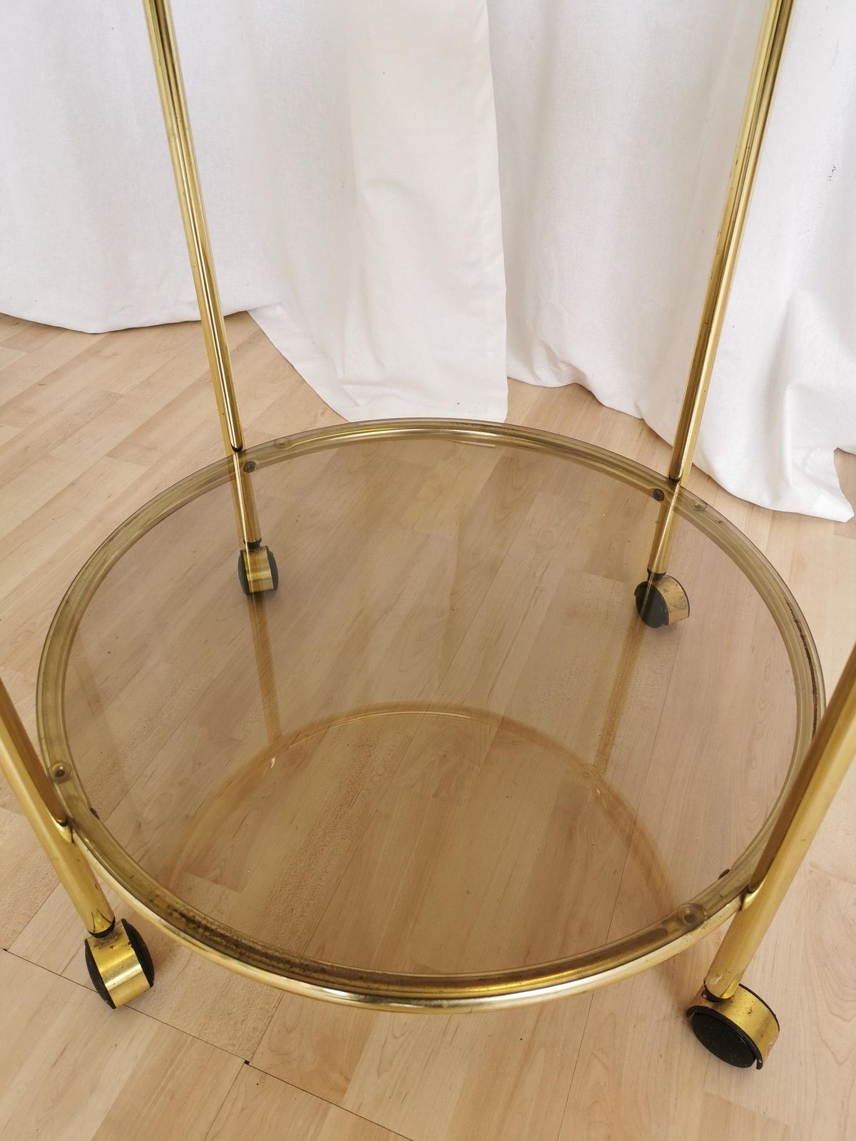 photo for sale Vintage Serving Trolley With Metal And Smoked Glass / 1970s Mid Century Golden Rolling Side Table / Hollywood Regency Bar On Wheels