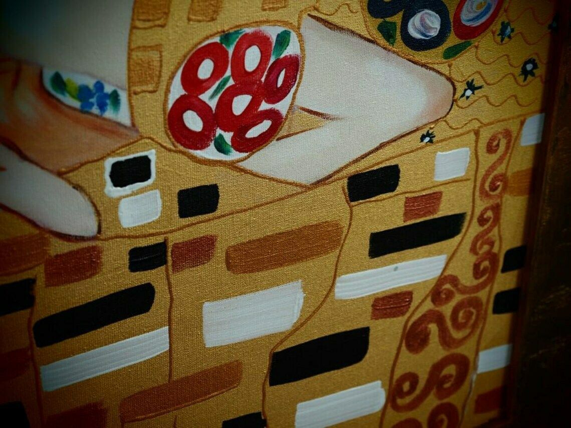 Captivating Hand Painted Oil On Canvas – "The Kiss" Inspired By Gustav Klimt   Klimt Inspired, Hand Painted, Oil On Canvas, Romantic Art photo 378.0