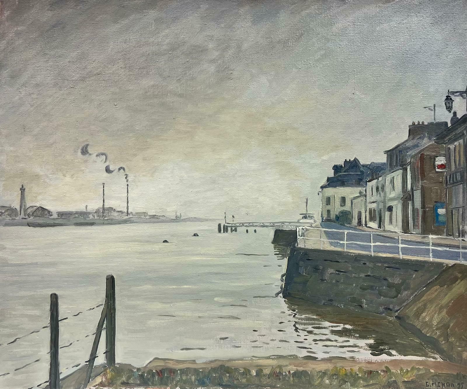 Guy Pichon Brooding & Atmospheric French Impressionist Signed Oil Quillebeuf Harbour20th Century