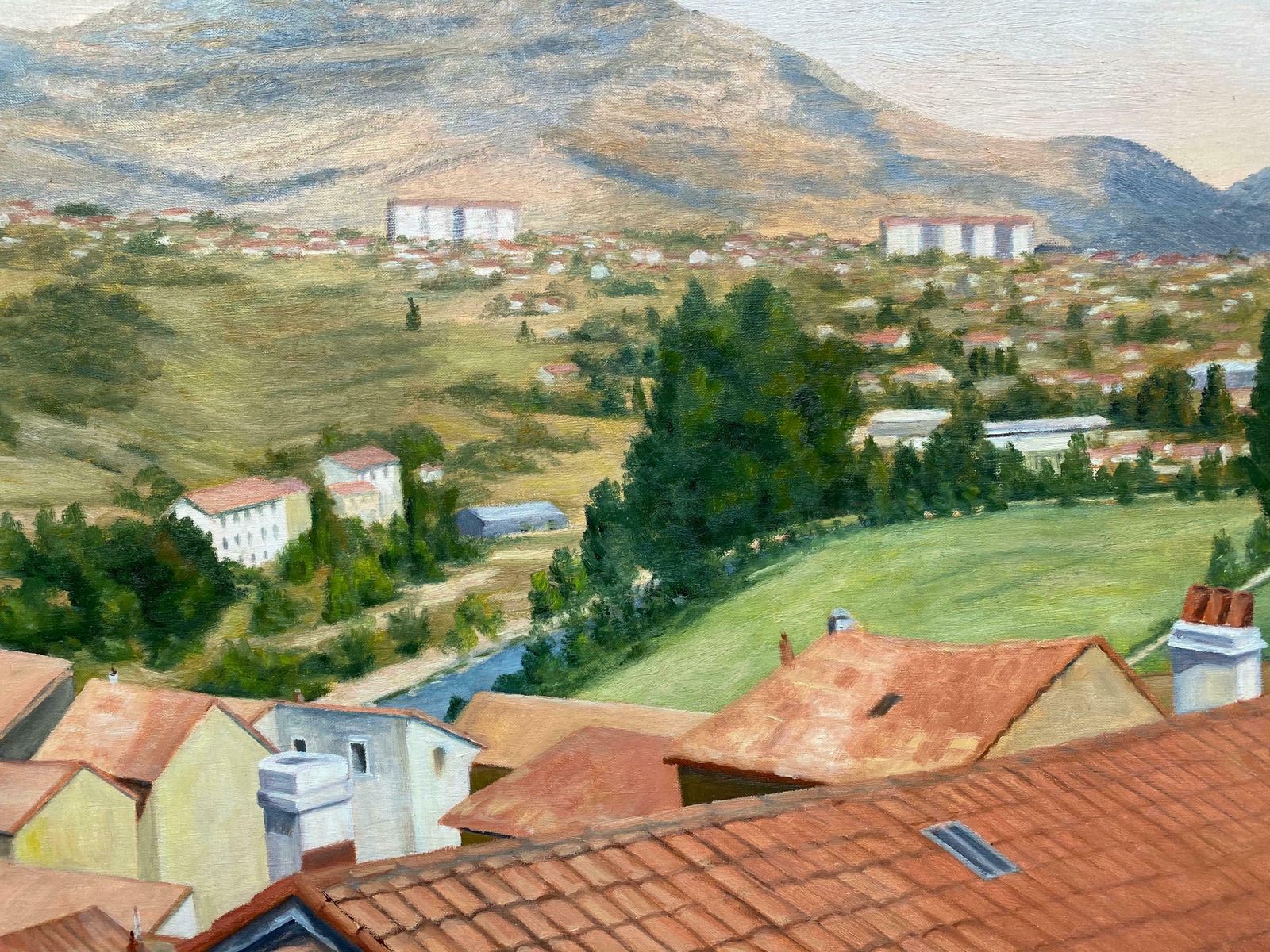 Yvette Bossierevery Large French Impressionist Oil View Over Occitanie Rooftop Village Landscapc. 1970's photo for sale