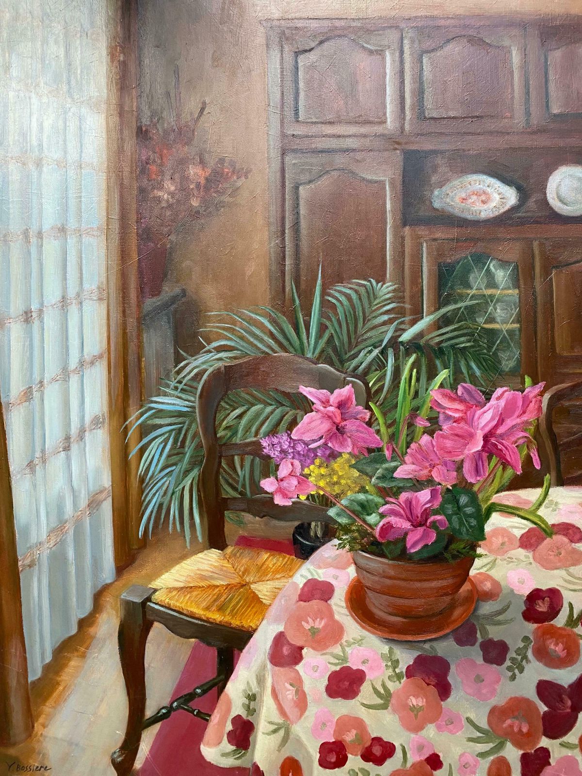Yvette Bossierelarge French Signed Oil   Colorful Interior Room Setting With Pink Flowers20th Century photo furniture