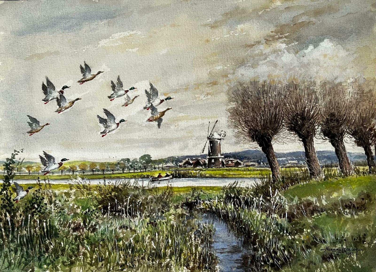 Norman A Olleymallard Ducks Flying Over The Marshes Past The Mill Beyond