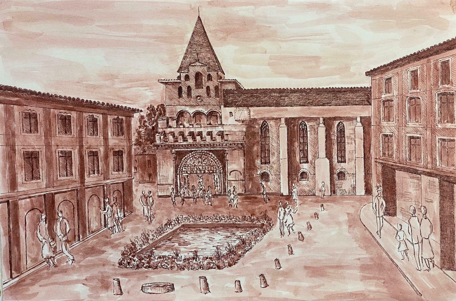 Bernard Labbe1950's French Modernist/ Cubist Painting   Busy French Town Square 1950's