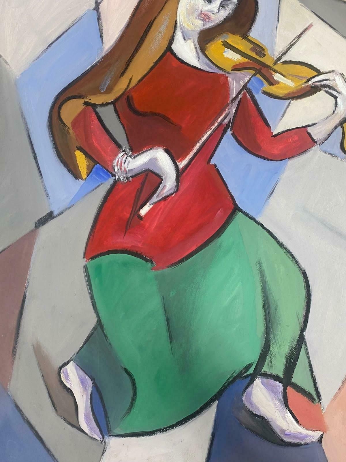 Unknowndouble Sided  French Modernist Gouache Painting Lady In Red With Violin Abstract1981 photo furniture