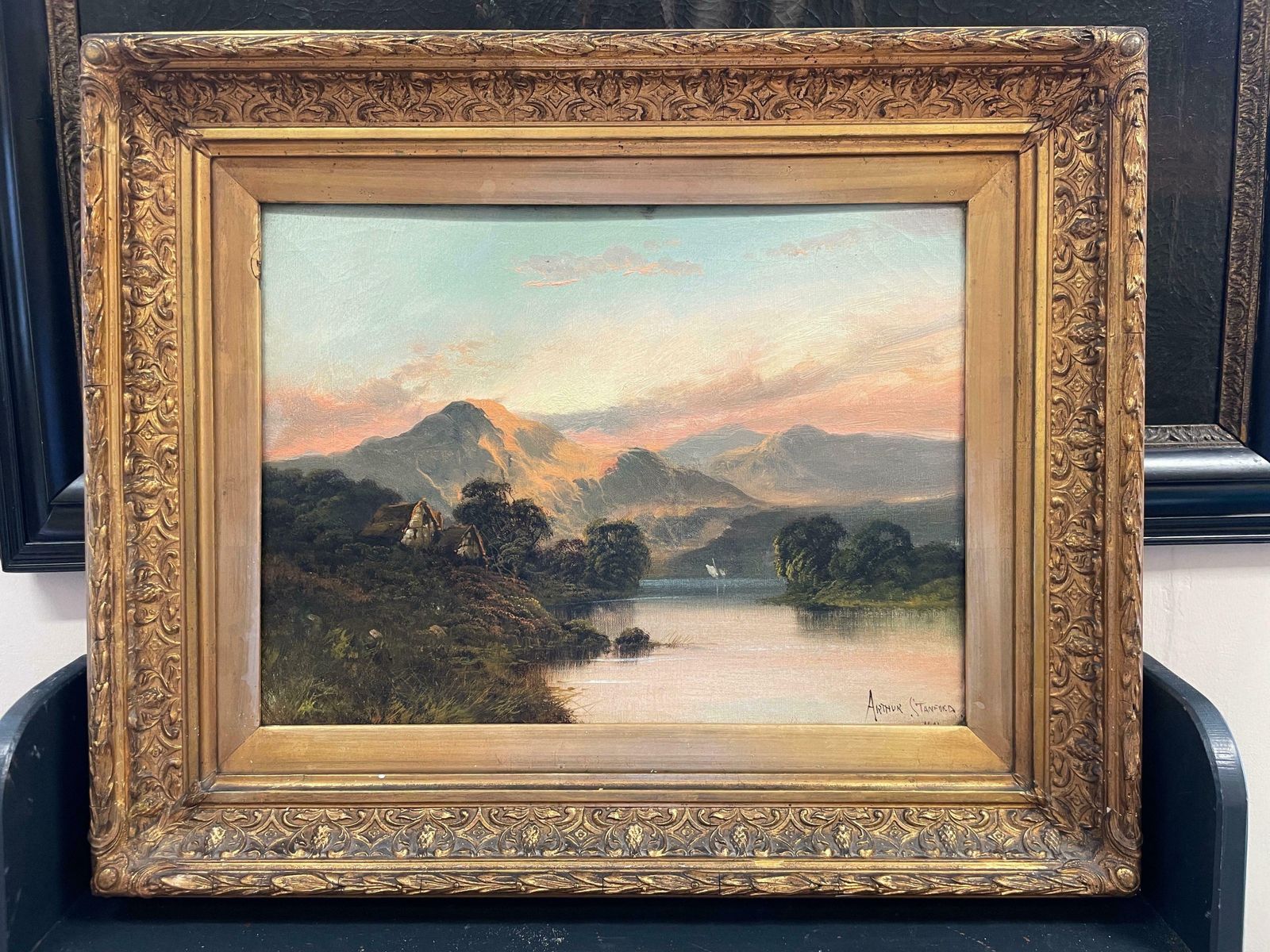 Arthur Stanfordantique Scottish Highlands Oil Painting Sunset Over The Loch, Signed & Framed photo furniture
