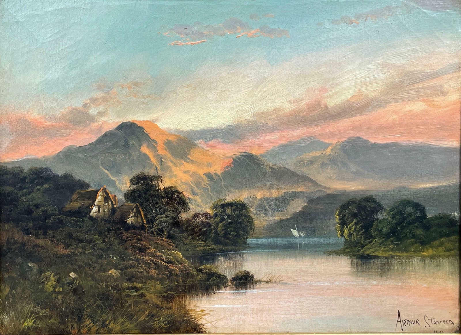 Arthur Stanfordantique Scottish Highlands Oil Painting Sunset Over The Loch, Signed & Framed photo for sale