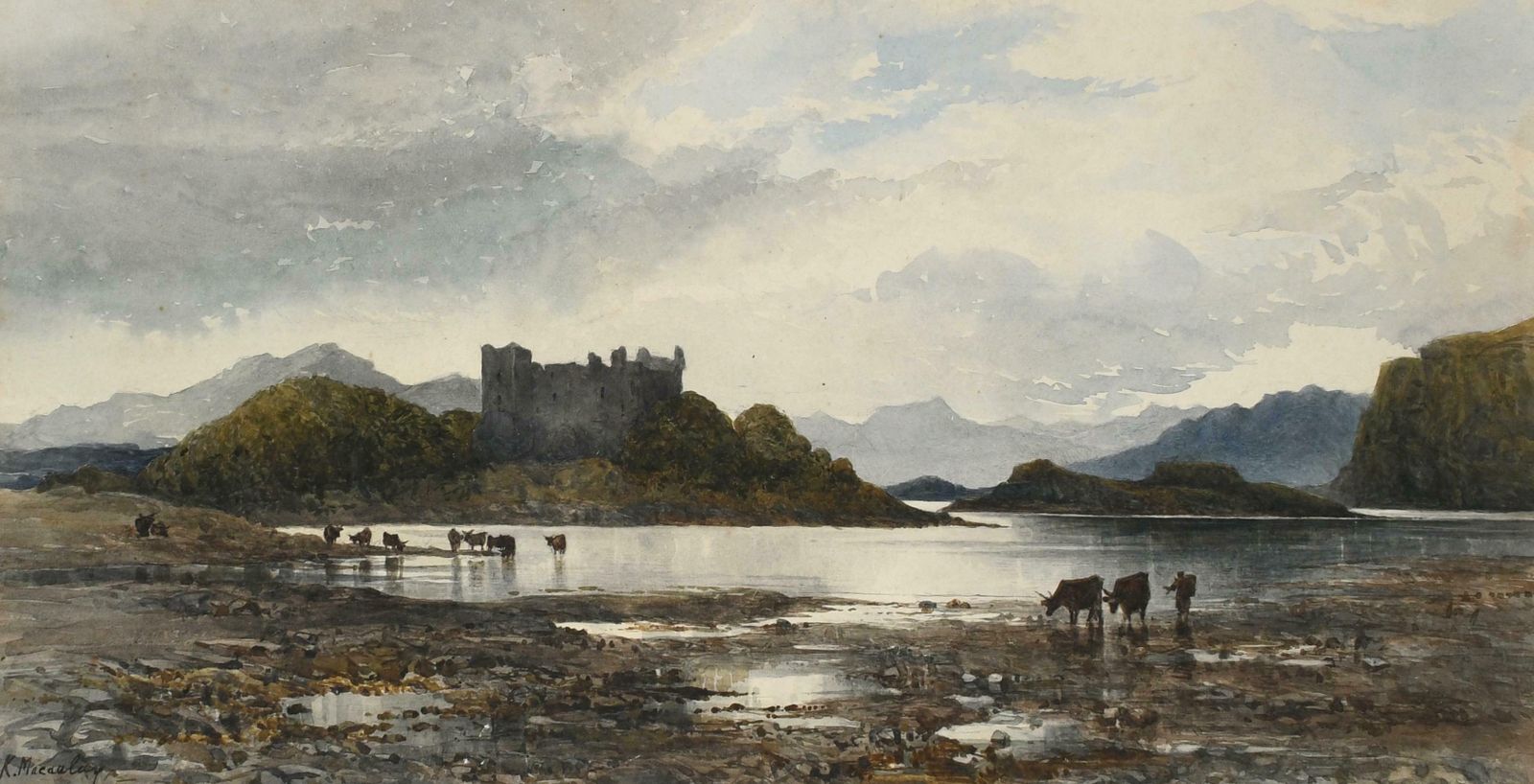 Kate Macaulayvictorian Scottish Landscape With A Castle By A Loch And Cattle Watering, Signed