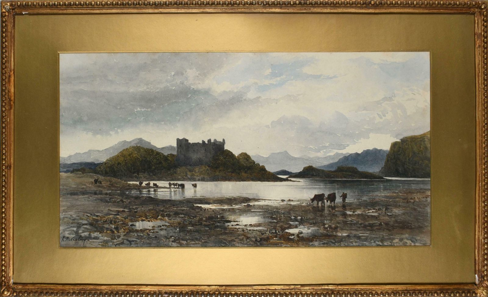 Kate Macaulayvictorian Scottish Landscape With A Castle By A Loch And Cattle Watering, Signed photo furniture