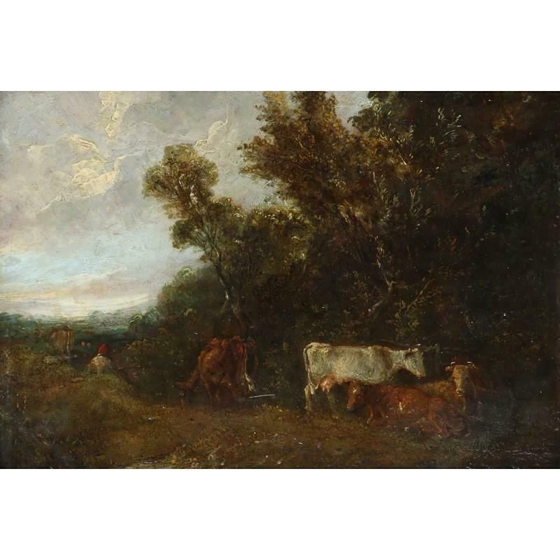 Mid Victorian English Landscape With Cattle And A Drover By A Pond, Oil On Panel photo furniture